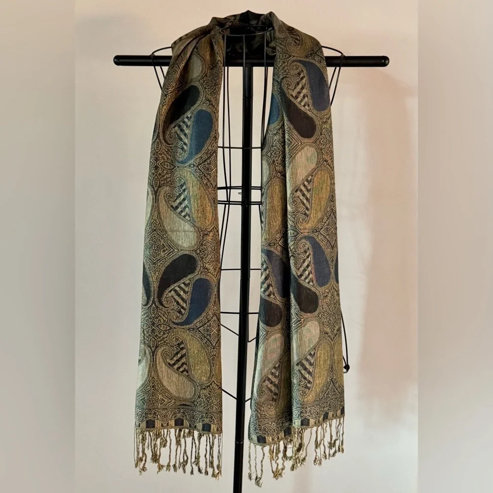 New Blue, Gold, Cream Paisley Print Soft Cozy Luxe Fringe Scarf - 67” x 28”